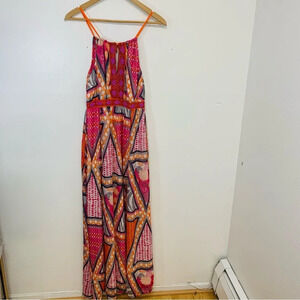 H & M Maxi Dress 6‎ Pink Abstract Empire Flowy Adjust Tropical Beachy Fairy Boho